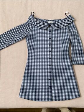 Gingham Off-Shoulder Strapless Dress in Navy